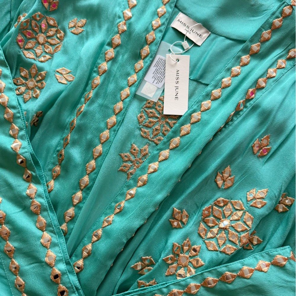 Chic Turquoise Maxi Dress/Kimono with Gold Accents - Picture 4 of 8